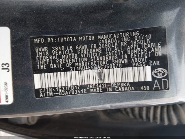 2010 Toyota Corolla S მანქანა იყიდება აუქციონზე, vin: 2T1BU4EE6AC350670, აუქციონის ნომერი: 44895579