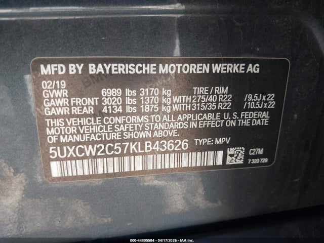 Aukcja sprzedaży 2019 Bmw X7 Xdrive40i, vin: 5UXCW2C57KLB43626, numer aukcji: 44895584
