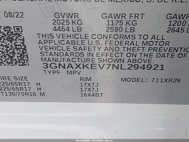 Aukcja sprzedaży 2022 Chevrolet Equinox Fwd Lt, vin: 3GNAXKEV7NL294921, numer aukcji: 44895603