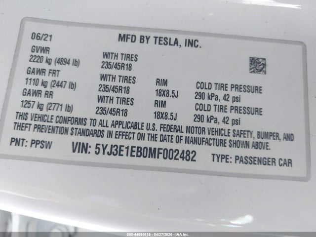 Aukcja sprzedaży 2021 Tesla Model 3 Long Range Dual Motor All-wheel Drive, vin: 5YJ3E1EB0MF002482, numer aukcji: 44895616