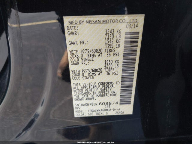 2014 Nissan Armada Platinum მანქანა იყიდება აუქციონზე, vin: 5N1BA0NF8EN608874, აუქციონის ნომერი: 44895620