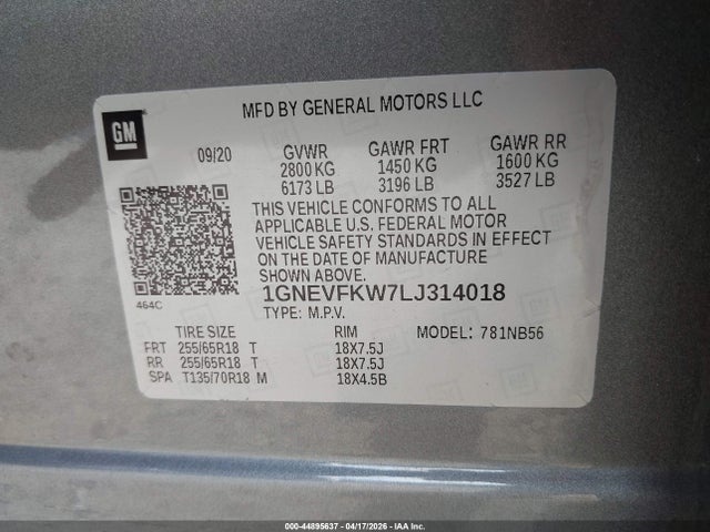 1GNEVFKW7LJ314018 Chevrolet Traverse Awd Ls