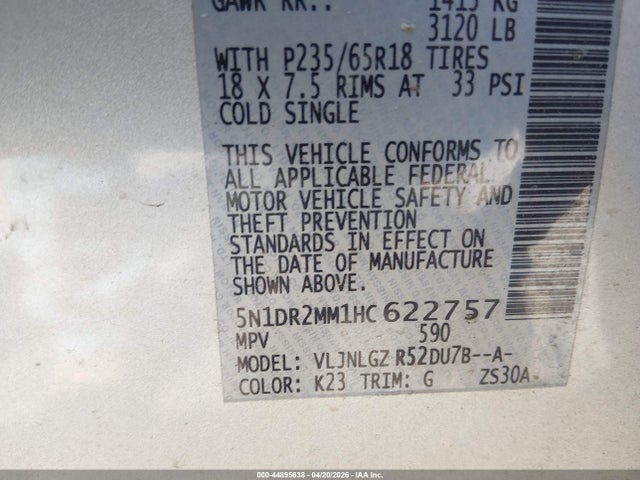 Продаж на аукціоні авто 2017 Nissan Pathfinder Sl, vin: 5N1DR2MM1HC622757, номер лоту: 44895638