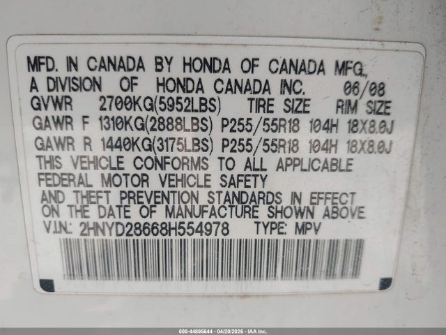 Aukcja sprzedaży 2008 Acura Mdx Technology Package, vin: 2HNYD28668H554978, numer aukcji: 44895644