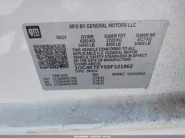 2025 Chevrolet Silverado 3500hd 4wd  Long Bed Lt მანქანა იყიდება აუქციონზე, vin: 1GC4KTEY5SF121862, აუქციონის ნომერი: 44895645