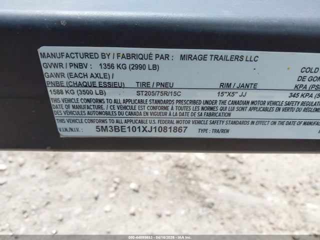 Продажа на аукционе авто 2018 Mirage Mxpo610sa, vin: 5M3BE101XJ1081867, номер лота: 44895653