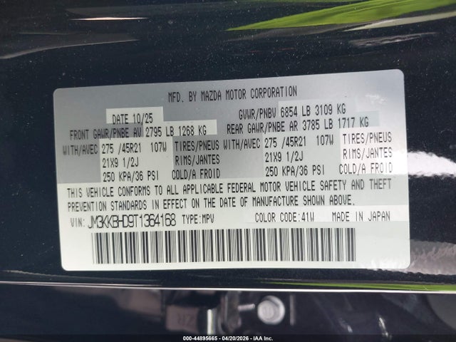 Aukcja sprzedaży 2026 Mazda Cx-90 3.3 Turbo Preferred, vin: JM3KKBHD9T1364168, numer aukcji: 44895665