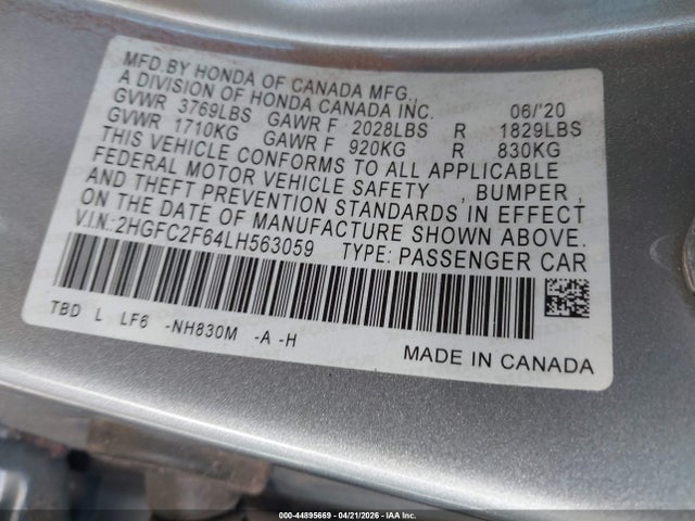 Продаж на аукціоні авто 2020 Honda Civic Lx, vin: 2HGFC2F64LH563059, номер лоту: 44895669