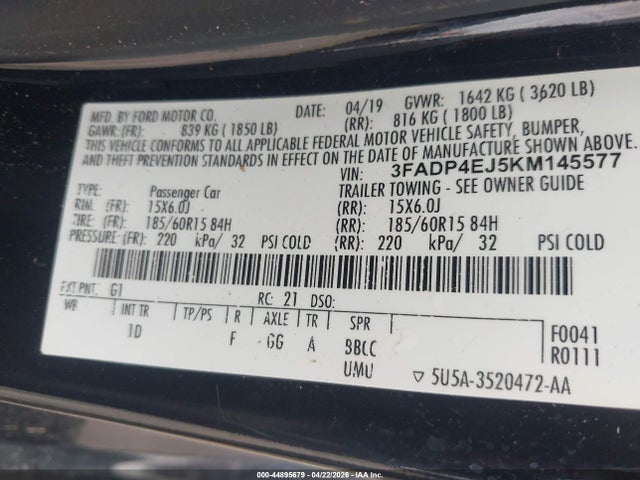 44895679 :رقم المزاد ، 3FADP4EJ5KM145577 vin ، 2019 Ford Fiesta Se مزاد بيع