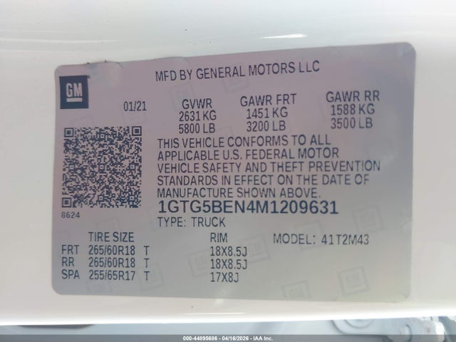 Aukcja sprzedaży 2021 Gmc Canyon 2wd  Short Box Elevation Standard, vin: 1GTG5BEN4M1209631, numer aukcji: 44895686