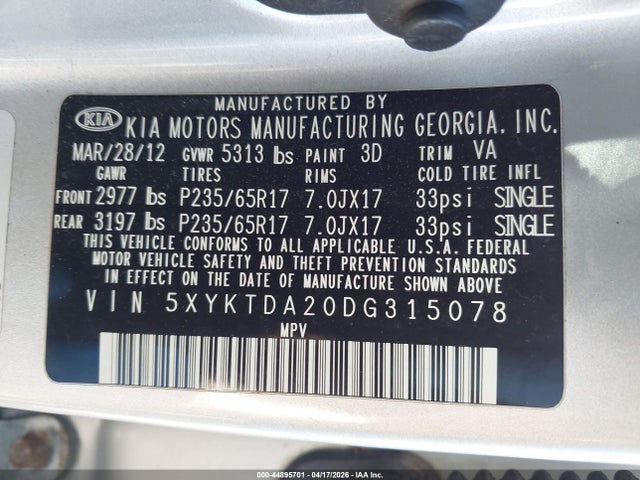 Продажа на аукционе авто 2013 Kia Sorento Lx V6, vin: 5XYKTDA20DG315078, номер лота: 44895701