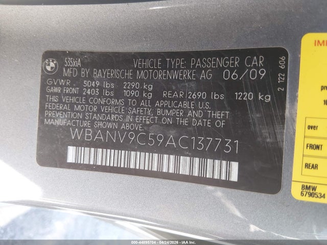 Aukcja sprzedaży 2010 Bmw 535i Xdrive, vin: WBANV9C59AC137731, numer aukcji: 44895704