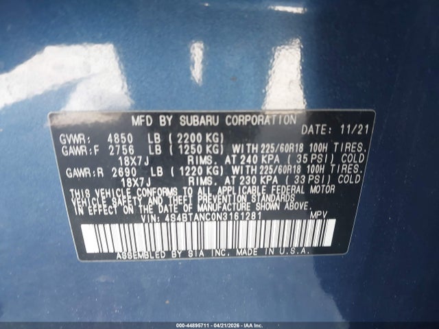 2022 Subaru Outback Limited მანქანა იყიდება აუქციონზე, vin: 4S4BTANC0N3161281, აუქციონის ნომერი: 44895711