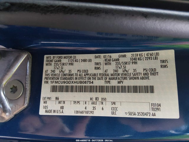 Продажа на аукционе авто 2017 Ford Escape Se, vin: 1FMCU9GDXHUB08754, номер лота: 44895719