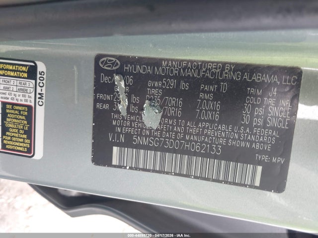 44895720 :رقم المزاد ، 5NMSG73D07H062133 vin ، 2007 Hyundai Santa Fe Gls مزاد بيع