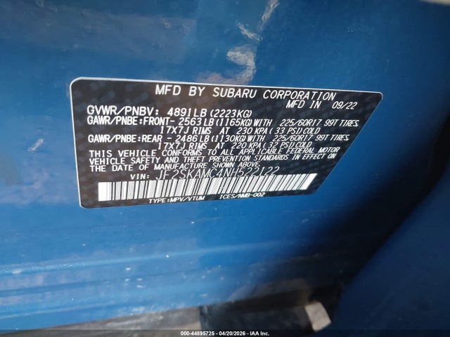 Aukcja sprzedaży 2022 Subaru Forester Wilderness, vin: JF2SKAMC4NH522122, numer aukcji: 44895725