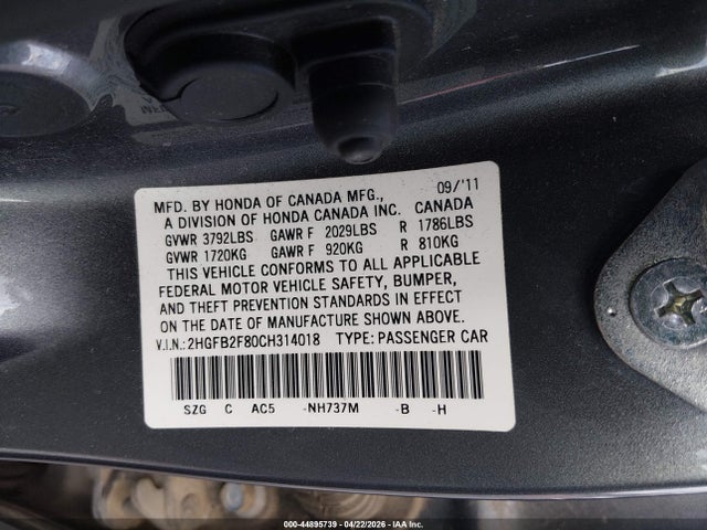Aukcja sprzedaży 2012 Honda Civic Ex, vin: 2HGFB2F80CH314018, numer aukcji: 44895739