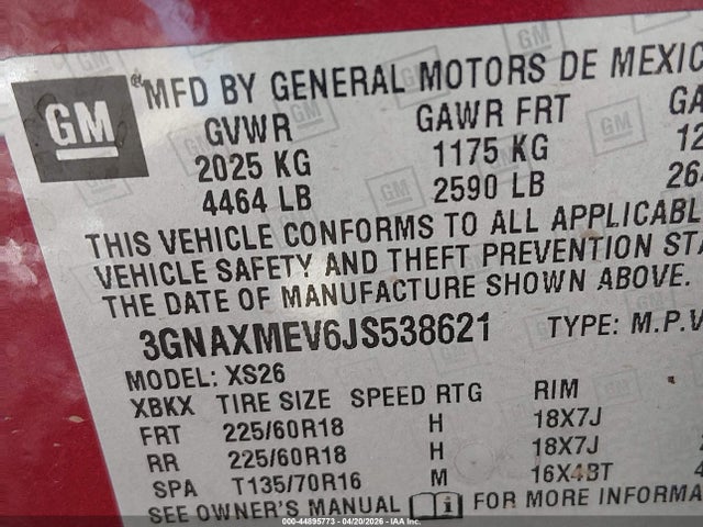Aukcja sprzedaży 2018 Chevrolet Equinox Premier, vin: 3GNAXMEV6JS538621, numer aukcji: 44895773