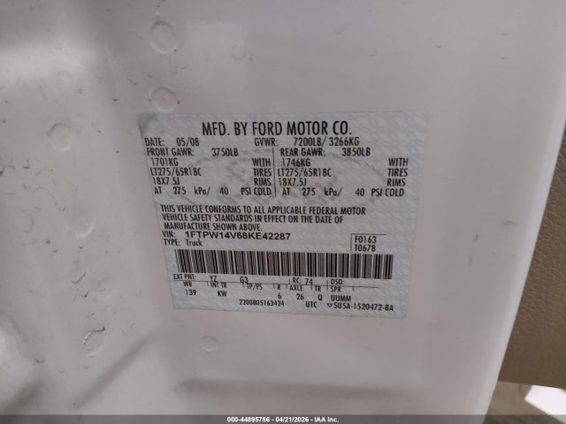Aukcja sprzedaży 2008 Ford F-150, vin: 1FTPW14V68KE42287, numer aukcji: 44895786