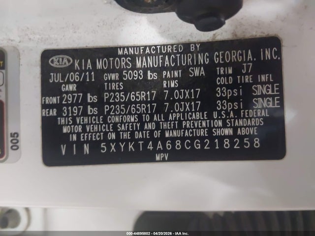 Aukcja sprzedaży 2012 Kia Sorento Lx, vin: 5XYKT4A68CG218258, numer aukcji: 44895802
