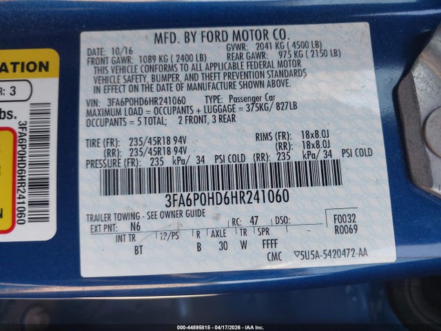 Ford FUSION SE 2017 3FA6P0HD6HR241060 Image 9