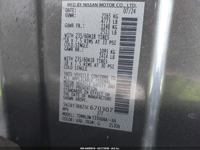 44895816 :رقم المزاد ، 5N1BT3BB2SC670307 vin ، 2025 Nissan Rogue Sv Intelligent Awd مزاد بيع