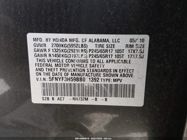 Auction sale of the 2011 Honda Pilot Ex-l, vin: 5FNYF3H59BB011392, lot number: 44895819