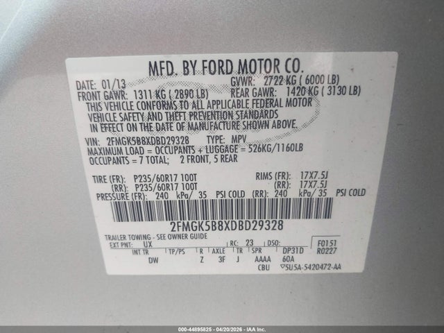 2013 Ford Flex Se მანქანა იყიდება აუქციონზე, vin: 2FMGK5B8XDBD29328, აუქციონის ნომერი: 44895825