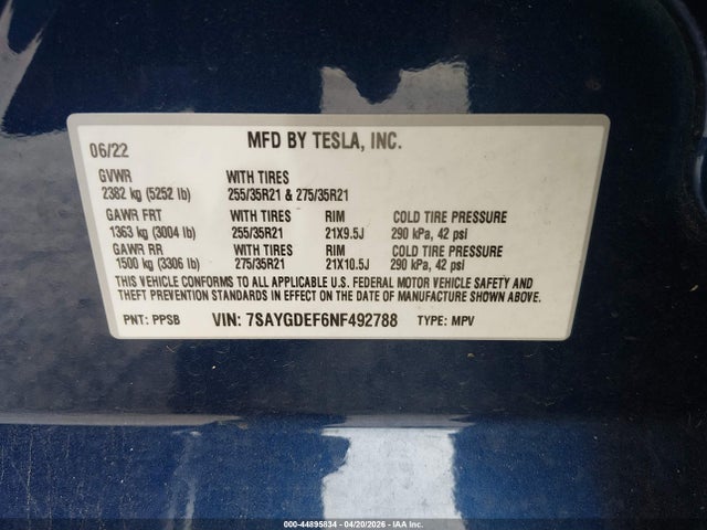 7SAYGDEF6NF492788 Tesla Model Y Performance Dual Motor All-wheel Drive
