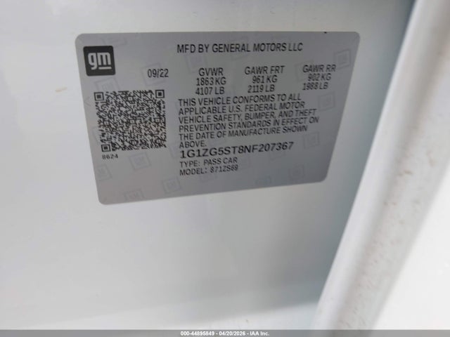 44895849 :رقم المزاد ، 1G1ZG5ST8NF207367 vin ، 2022 Chevrolet Malibu Fwd Rs مزاد بيع