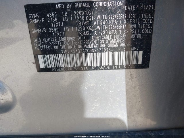 Продаж на аукціоні авто 2022 Subaru Outback Premium, vin: 4S4BTACC9N3171925, номер лоту: 44895862