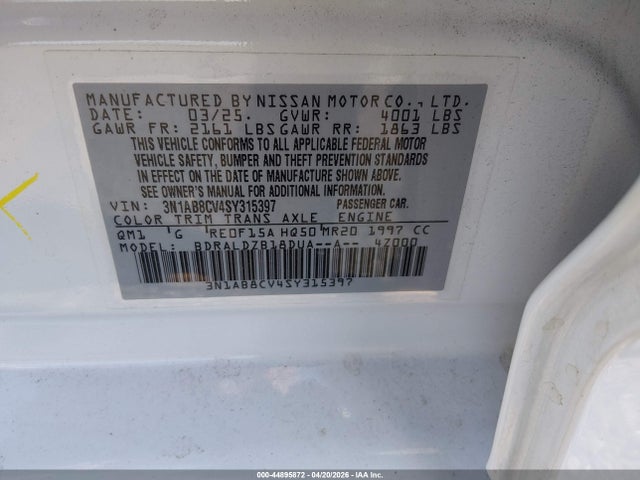 Aukcja sprzedaży 2025 Nissan Sentra Sv, vin: 3N1AB8CV4SY315397, numer aukcji: 44895872