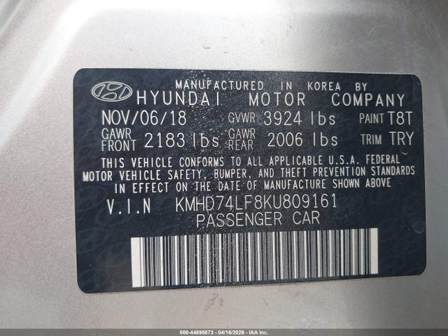 Aukcja sprzedaży 2019 Hyundai Elantra Se, vin: KMHD74LF8KU809161, numer aukcji: 44895873