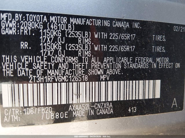 Aukcja sprzedaży 2021 Toyota Rav4 Le, vin: 2T3H1RFV6MC126518, numer aukcji: 44895882