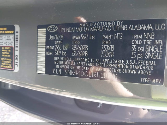 Aukcja sprzedaży 2024 Hyundai Santa Fe Se, vin: 5NMP1DGL1RH001710, numer aukcji: 44895889