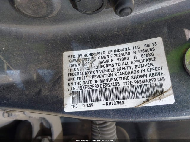 44895901 :رقم المزاد ، 19XFB2F9XDE267455 vin ، 2013 Honda Civic Ex-l مزاد بيع