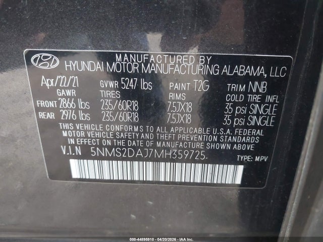 Aukcja sprzedaży 2021 Hyundai Santa Fe Sel, vin: 5NMS2DAJ7MH359725, numer aukcji: 44895910