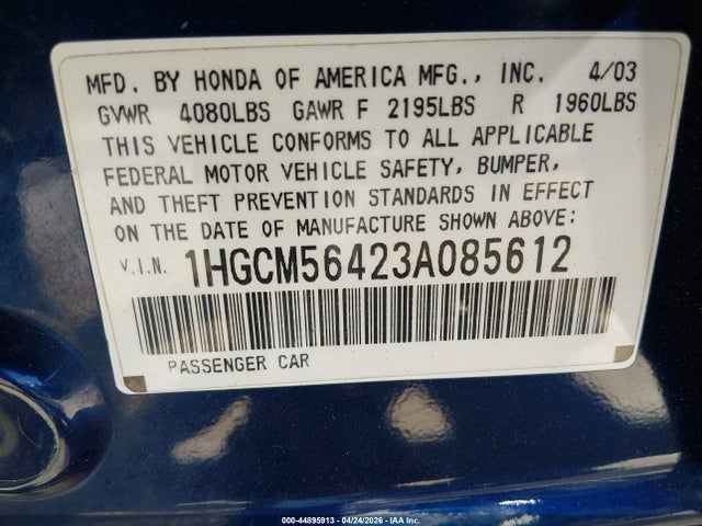 Auction sale of the 2003 Honda Accord 2.4 Lx, vin: 1HGCM56423A085612, lot number: 44895913