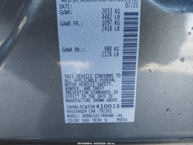 44895915 :رقم المزاد ، 1N4BL4CW3SN410018 vin ، 2025 Nissan Altima Sr Awd مزاد بيع