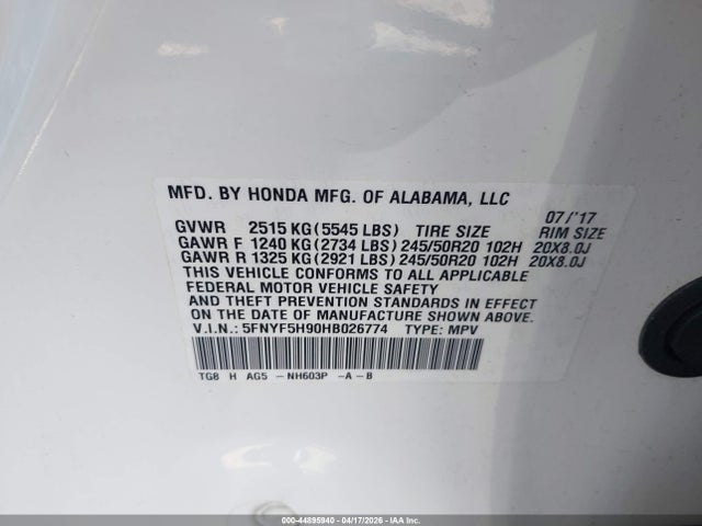 Honda Pilot Touring 2017 5FNYF5H90HB026774 Image 9