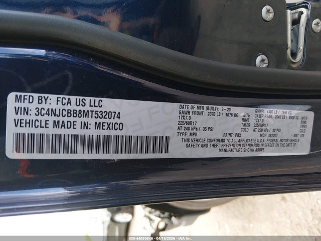 2021 Jeep Compass Latitude Fwd მანქანა იყიდება აუქციონზე, vin: 3C4NJCBB8MT532074, აუქციონის ნომერი: 44895946
