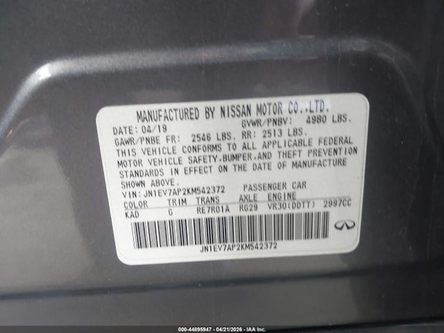 Продажа на аукционе авто 2019 Infiniti Q50 3.0t Signature Edition, vin: JN1EV7AP2KM542372, номер лота: 44895947