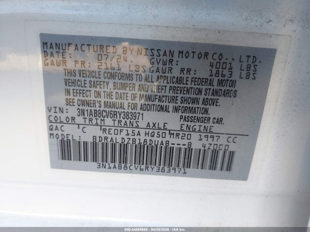 Продаж на аукціоні авто 2024 Nissan Sentra Sv Xtronic Cvt, vin: 3N1AB8CV6RY383971, номер лоту: 44895950