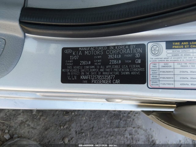 44895956 :رقم المزاد ، KNAFE121785535877 vin ، 2008 Kia Spectra Ex مزاد بيع
