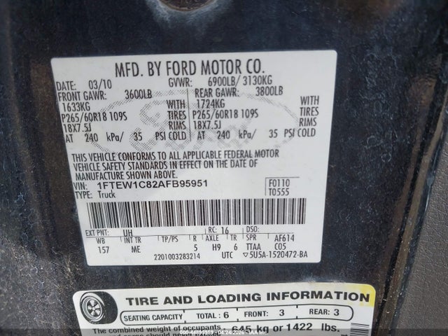 44895959 :رقم المزاد ، 1FTEW1C82AFB95951 vin ، 2010 Ford F150 Supercrew مزاد بيع