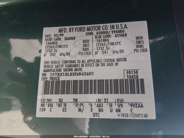 Продажа на аукционе авто 1999 Ford F-150 Lariat/xl/xlt, vin: 1FTRX18L8XNB45601, номер лота: 44895960
