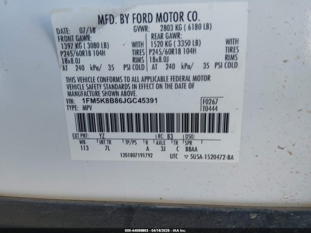 1FM5K8B86JGC45391 Ford Explorer
