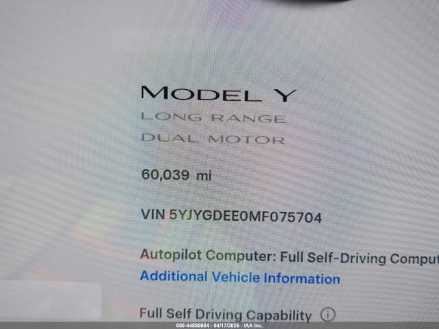 5YJYGDEE0MF075704 Tesla Model Y Long Range Dual Motor All-wheel Drive
