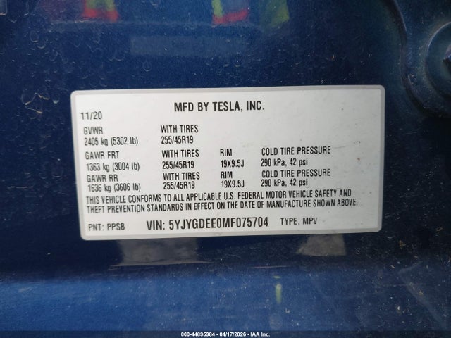 5YJYGDEE0MF075704 Tesla Model Y Long Range Dual Motor All-wheel Drive