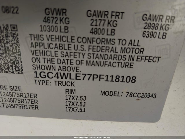 Продаж на аукціоні авто 2023 Chevrolet Silverado 2500hd 2wd  Long Bed Wt, vin: 1GC4WLE77PF118108, номер лоту: 44895985